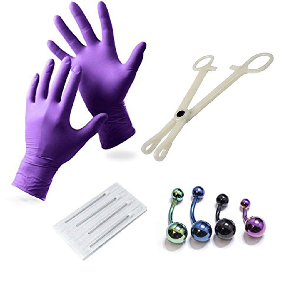 Belly Piercing Kit - 10-Piece Belly/Navel Piercing Kit w/Gloves, Needles, Tool and Jewelry