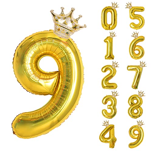 養楽堂 誕生日 バルーン 数字 パーティー 飾り風船 0-9 王冠 デコレーション装飾 32インチ 大きい バルーン 結婚式 記念日 子供 大人兼用 ゴールド9