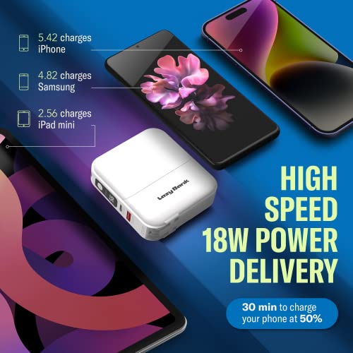 Lazybank Fastest Rapid Mini Portable Charger With Ac Plug-In Power Bank 15000Mah Reddot Design Award Smart Fast Charging, Built-In Type-C & Lighting Usb Cables 4 Output & 2 Input External Battery Pack #TOP3