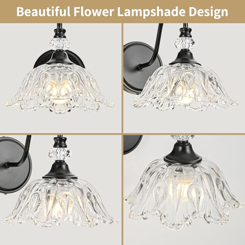 Image of 1 Piece Black Wall Sconce with Floral Clear Glass Shade, Black Farmhouse Wall Mount Lighting for Bathroom,Vintage Bathroom Vanity Light Fixture