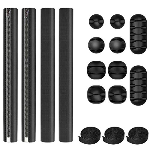 Gifort Organizador de Cables, 17 Piezas Gestión de Cable con 10 Clips de Cable Autoadhesivo, 4 Cubre Cables y 3 Bridas para Cables para Mesa Cargadores Oficina y Hogar, Negro