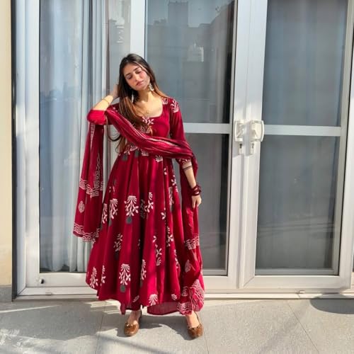 Image of ANNI Designer | Rayon Anarkali Printed Kurta Pant Dupatta Set | Stylish Cotton Kurti Set for Women | Ethnic Co-ord Suit Set with Dupatta Festive Kurta Sets for Women