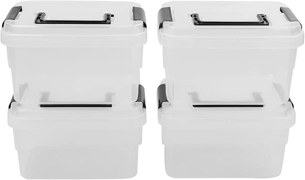 Jekiyo 2.5 Quart Plastic Latching Box, Clear Bin with Black Handle, 4 Packs