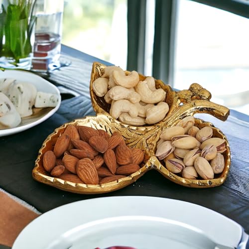 Image of KridayKraft Hand Crafted Metal 3 Part Leaf Shape Tray Perfect for Home Centre Table Serving Dry Fruits (Golden, Pack of 1)