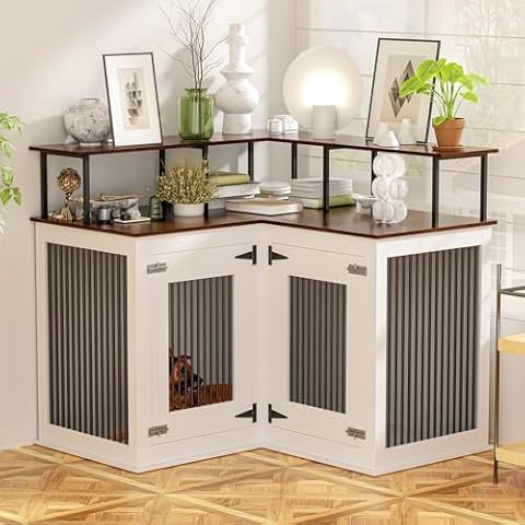 Corner Dog Crate Furniture, Decorative Dog Crate with Double Door Wooden Dog Crate Kennel Furniture with Divider Furniture Style Dog Crate End Table for Indoor Use (Black and White) Cover