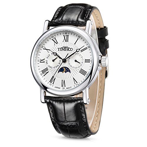 TIME100 Reloj Automático para Hombre Fase Lunar Movimiento de Cuarzo Esfera Multifunción Correa de Cuero Genuino Resistente al Agua (Negro)