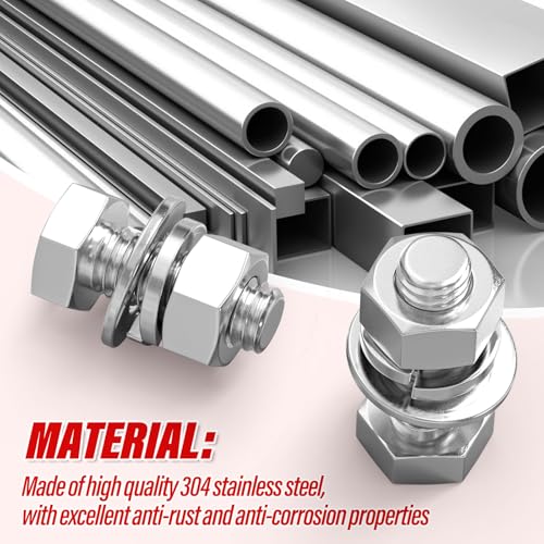 Image of 10PCS 1 /2-13 x 1-1 /4 inch 304 Stainless Steel External Hex Bolt, Fully Threaded Bolt with Nut Flat & Lock Washers and Spanner
