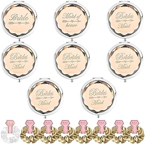 Pack of 8 Compact Pocket Makeup Mirrors Set Include 1 Bride Mirror 1 Maid of Honor Mirror and 6 Bridesmaid Mirrors and 8 Pack Hair Ties for Bachelorette Party Bridesmaid Proposal Gifts.(Champagne) Cover