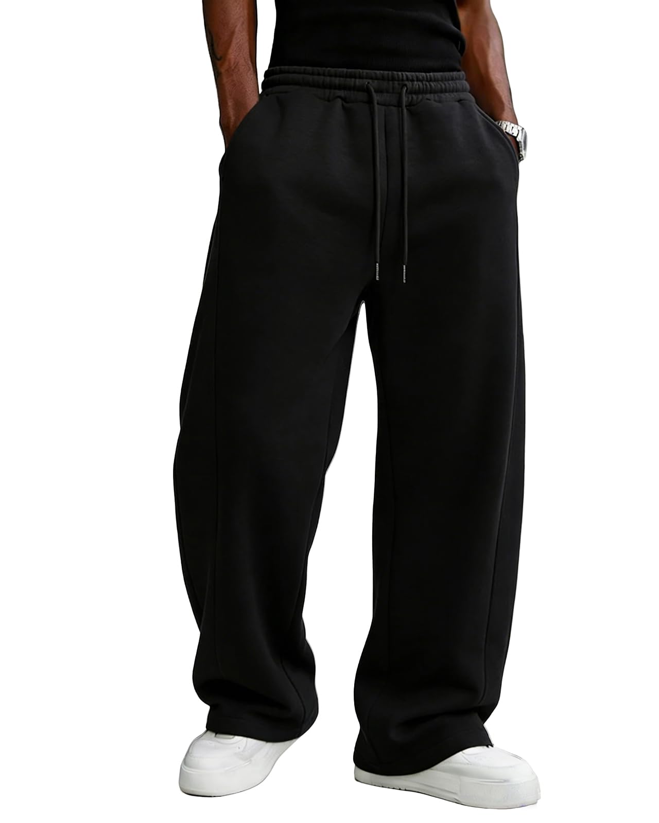 Mens Baggy Sweatpants Fleece Wide Leg Lounge Pants Drawstring Waist Loose Fit Cotton Jogging Sweat Pants with Pockets