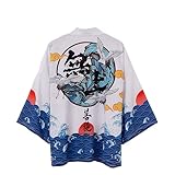GK-O Mens Japanese Crane Sun Kimono Yukata Coat Cardigan Top Jacket Bathrobe Robe Casual Loose (Large) White Blue