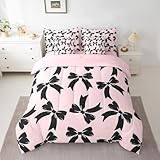 Feelyou Pink Bow 7 Pieces Bedding Set Cute Bowknot Comforter Set with Sheets for Kids Boys Girls Teens Room Decor Dreamy Princess Bow-tie Fairy Tale Bed in a Bag Twin Size Breathable Soft Microfiber