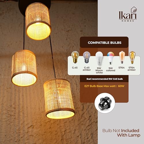 Image of Ikari Homes Rattan Chandelier 3 in1 Pendant Light, Natural Beige, Boho Style, E27 Base, Chandelier for Living Room I Dining I Bedroom I Balcony I Adjustable Wire - (Bulbs not Included) (SQ Mesh)