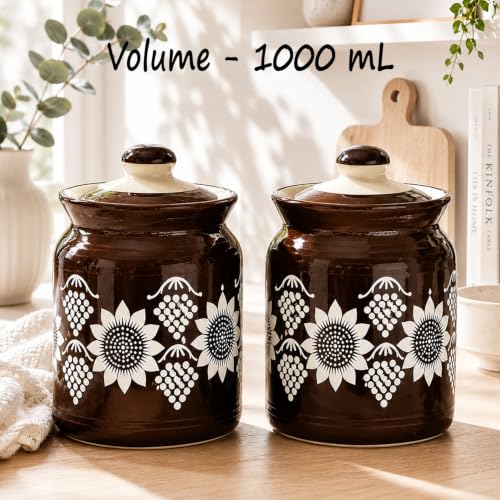 Image of D'Maiolica Ceramic Handmade Pickle Jars in 1000ml (set of 2) | Floral Bale 1 kg Achaar Martban | Ceramic Jadi for Kitchen Storage (Set of 2) | Jars for Achar, Spices, Salt (Black Sienna & Sunflowers)