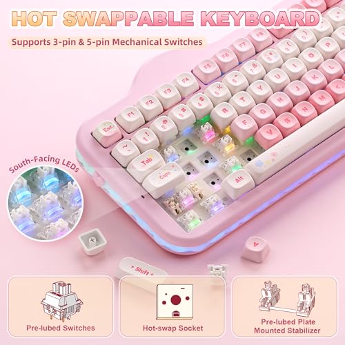 YUNZII C98 Bezprzewodowa klawiatura mechaniczna z klawiaturą numeryczną, BT5.0/2.4G/USB-C Hot Swap Gasket Mount z klawiszami PBT MOA, konfigurowalne podświetlenie RGB (Różowy, Milk V2 Linear Switch)