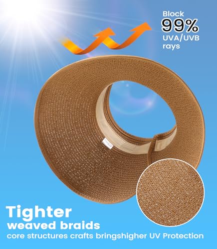 Image of Beach Sun Straw Hats for Women, UPF 50+ UV Sun Protection Wide Brim Summer Straw Hat Foldable Packable Roll up Cap