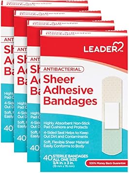 Leader Sterile Sheer Adhesive Bandages, Latex Free, Blends with Skin, Helps Prevent Infection, Comfortable Protection for First Aid and Wound Care 3/4" x 3", 160 Count
