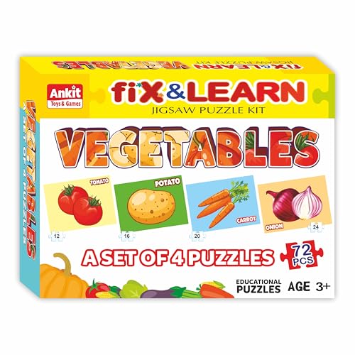 Image of Ankit Toys & Games Fix 'n' Learn Vegetables Jigsaw Puzzle for Kids | Educational and Learning Toy for Kids Age 3 and Above | Boost Memory Skills | 72 Pieces Vegetable Puzzles (Set of 4 Puzzles in Box)