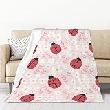 Cute Lad-ybug Blanket White Floral Lad-ybug Throw Blanket for Couch, Lad-ybug Gift for Women Girls, Soft Fuzzy Flannel Blankets for Bed Sofa Chair Lad-ybug Decor 40x50 Inches