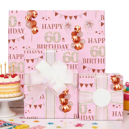 Xenray 60th Birthday Wrapping Paper 5sheets Rose Gold 50x70cm 60 Year Old Printed Patterned Paper