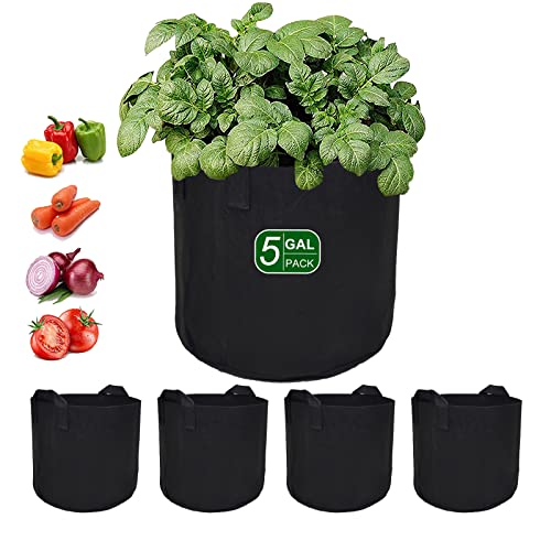 Jiwido 5-Pack 5 Gallon Grow Bags for Plant, Heavy Duty Fabric Pots Planting Bag with Handles, Thehicked Nonwoven Garden Bags to Grow Vegetables, Plant Grow Bag for Gardening