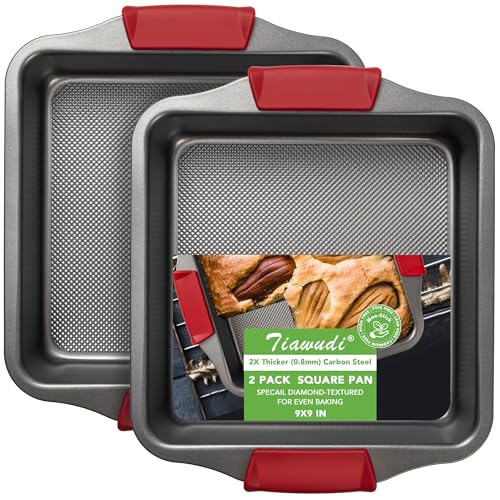 Tiawudi 9' Square Cake Pan Set Of 2, 0.8Mm Thick Heavy Duty Bakeware With Diamond Texture For Even Heating, Nonstick Baking Pan For Bread, Brownies & Lemon Bars, Cake Mold With Silicone Grip Handles