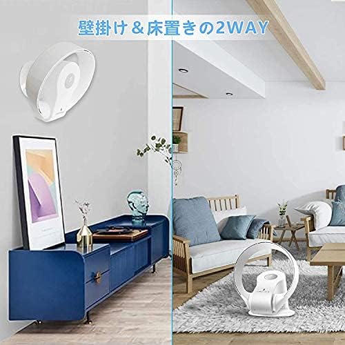 Two images showing the fan used as wall-mounted and floor-standing