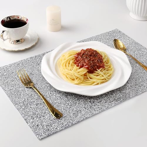 Placemat Silver Bling Waterproof Heat Resistant Washable Table Mat, Anti-Slip Rectangle Glitter Place Mat, 4pcs Crushed Diamond Silver Crystal Filled Kitchen Table Mat, 29x12cm - Image 6
