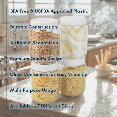 Image of SCL Steelo Vistta Round Containers with White Screw Lid | BPA-Free Premium Plastic Kitchen Storage Jars | Durable, Airtight & Stackable | Ideal for Grains, Snacks, Pulses & More | 750ML, 4pcs Set