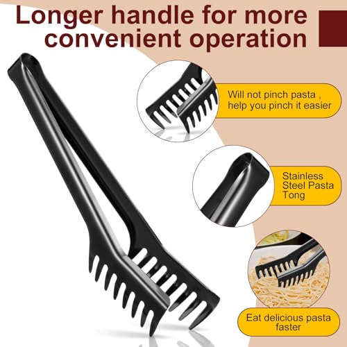 Image of Patelai Stainless Steel Spaghetti Spoon and Pasta Tongs Set, Long Handle Noodle Server Tools with Drain Holes, Non-slip Grip for Cooking, Serving Pasta and Noodles(Black)