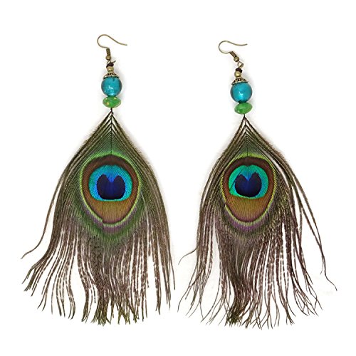 Honbay 1 Pair of Handmade Super Light Peacock Feather Dangle Drop Earrings with Glass Beads