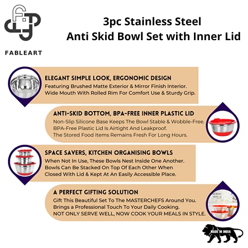 Image of Stainless Steel Anti Skid Mixing Serving Storage Bowl with Inner Lid; Red; Set of 3 Pcs; 450ml, 1400ml, 2800ml Respectively