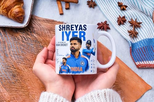 Image of Cricket Theme Coffee Mug IPL Edition - Stylish Helicopter Shot Print Cup - Gift for Cricket Fans, Boys & Friends (Shreyas Iyer)