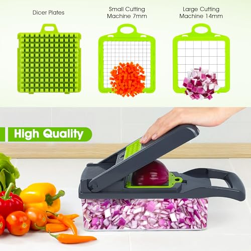 Dadajipo 18-in-1 Vegetable Chopper, Multifunctional Mandoline Slicer with 7 Stainless Steel Blades, Food Cutter with Peeler,Cleaning Brush,Mitten,Black & Green, Perfect for Cutting Vegetables & Fruits - Image 5