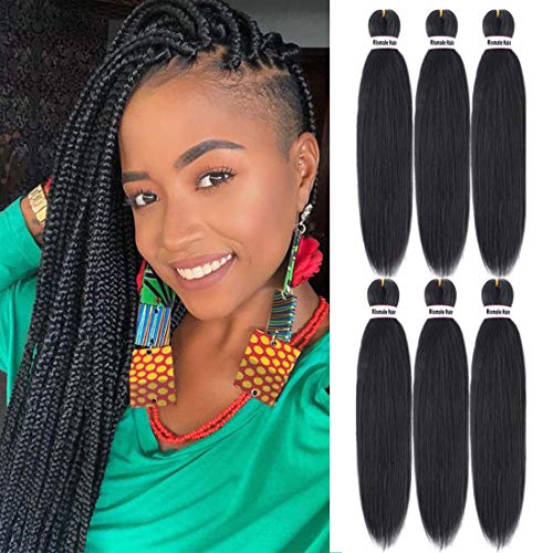 Rismale Pre Stretched Braiding Hair Omber 22" 6Packs Itch Free Original Yaki Hot Water Setting Synthetic Fiber Crochet Braiding Hair Extension(1B)