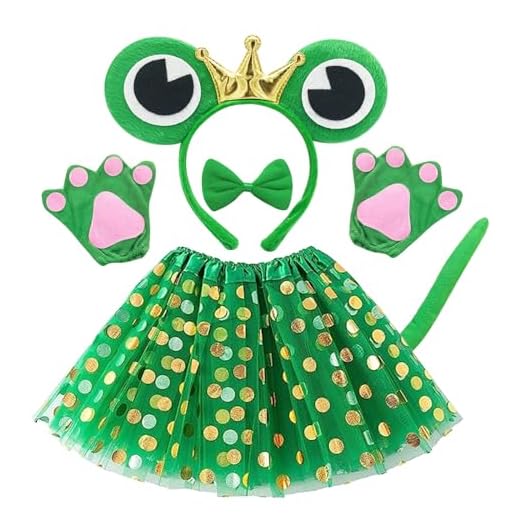 EUPSIIU 6 Piezas Disfraz de Anima Rana Accesorios Tutu Falda Rana Corona Orejas Guantes de Garra Collar Cola Rana Disfraz para Niña Carnaval Halloween Fiesta Cosplay de Animales Disfraz (Verde)