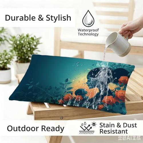 Housse coussin bleu rectangulaire lin imperméable et déperlant double face