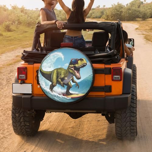 Image of Delerain Spare Tire Cover Dinosaur Surfing Wheel Covers Sun Protection Waterproof for Truck RV Trailer SUV and Many Vehicle (14 Inch for Diameter 23 inch-27 inch)