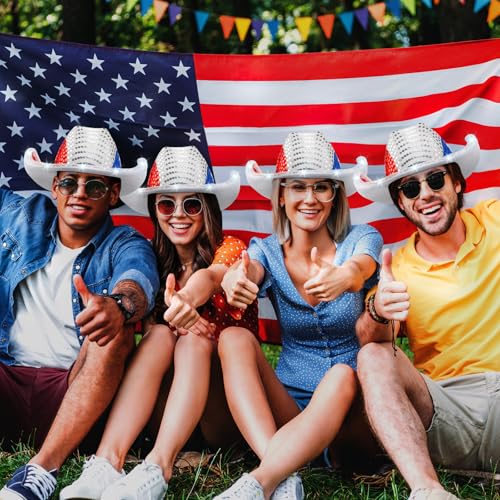 Image of Wesiti Light Up Red White and Blue Patriotic Cowboy Hats, LED American Sequin Cowgirl Hat, 4th Of July Sparkly Cowboy Hats for Women and Men Western Independence Day Party Supplies(12 Pcs)