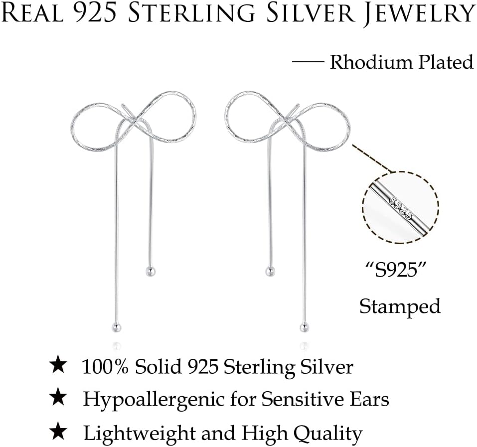 Reffeer Solid 925 Sterling Silver Bow Drop Earrings Dangle for Women Girls Bowknot Dangle Earrings Studs - Image 8
