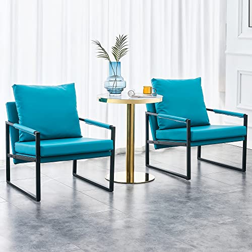 Hison Modern Faux Leather Accent Chairs Extra-Thick Padded Backrest And Seat Metal Frame Arm Chair For Living Room And Bedroom Mid-Century Modern Style Pu Leather Chairs(Cyan) #TOP5
