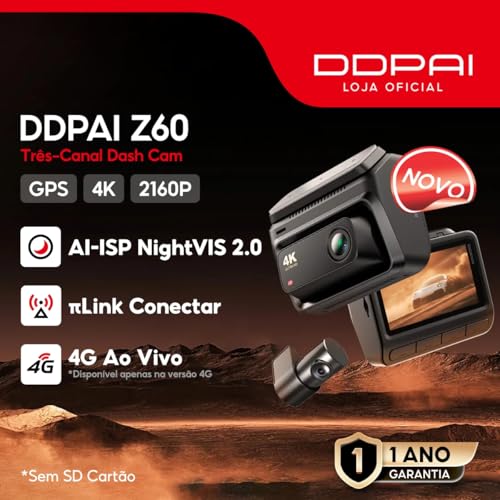 DDPAI Z60 Câmera Veicular 3 Canais, 4K+ 2K+ 1080P, WiFi 5GHz com GPS, 32G eMMC D²Save,Tela IPS de 3