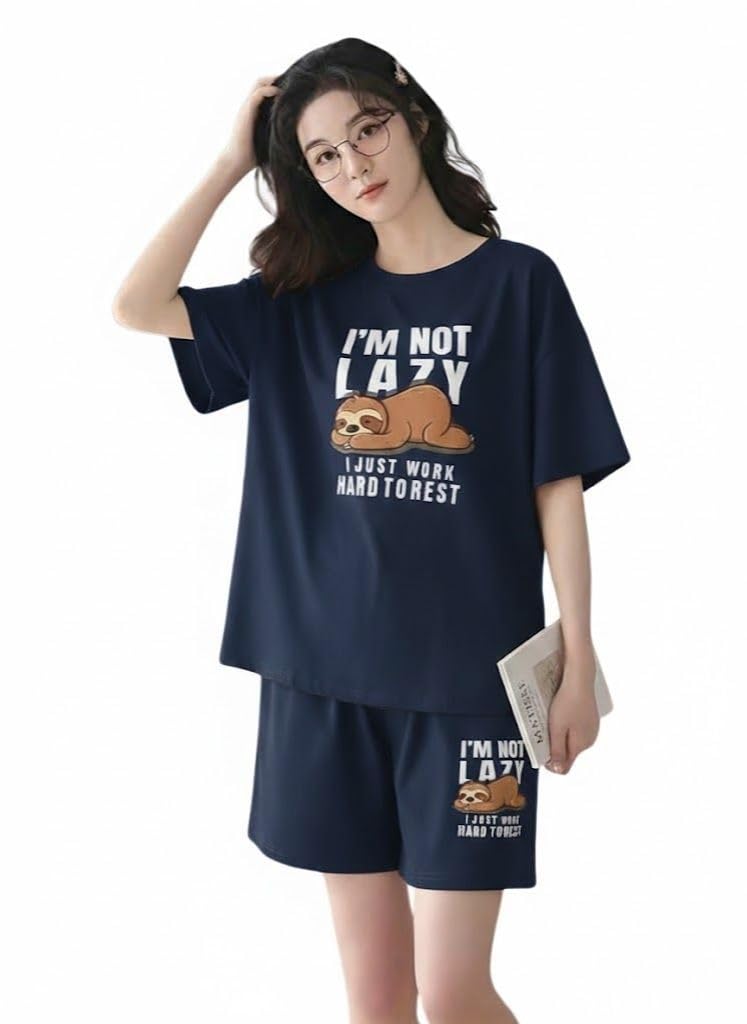 Women's Cotton Half Sleeve T-Shirt & Short Pyjama Set || Printed Top & Shorts Nightsuit Pair for Women || Casual Two-Piece Co-Ords Outfits