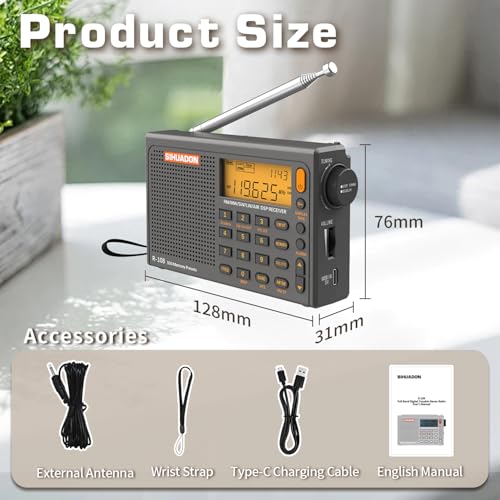 Image of SIHUADON R-108 Portable Radio AM FM SW LW Airband, Small Retro Emergency Radio Digital Battery Operated 5W Speaker Clock Radios with Alarm for Bedroom, Kitchen, Camping, Power Outage Use, Grey