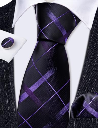 Image of Barry.Wang Plaid Ties for Men Silk Necktie Handkerchief Cuff Links Set
