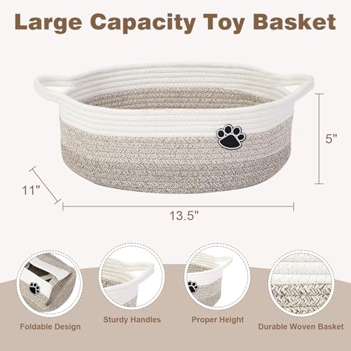 Image of Optish Dog Toy Basket, Toy Box and Bin for Dog Cat Storage, 13.5 inch X 11 inch X 5 inch Small Woven Rope Basket for Baby Storage, Closet, Living Room, White & Brown
