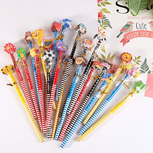 Erance 50 Pack Assorted Colorful Cartoon Animal Pencil With Eraser Random Dot & Stripe Wood Pencils Bulk For School Supplies And Children Prize Gifts, 18.5Cm (7.28 Inch ) #TOP3