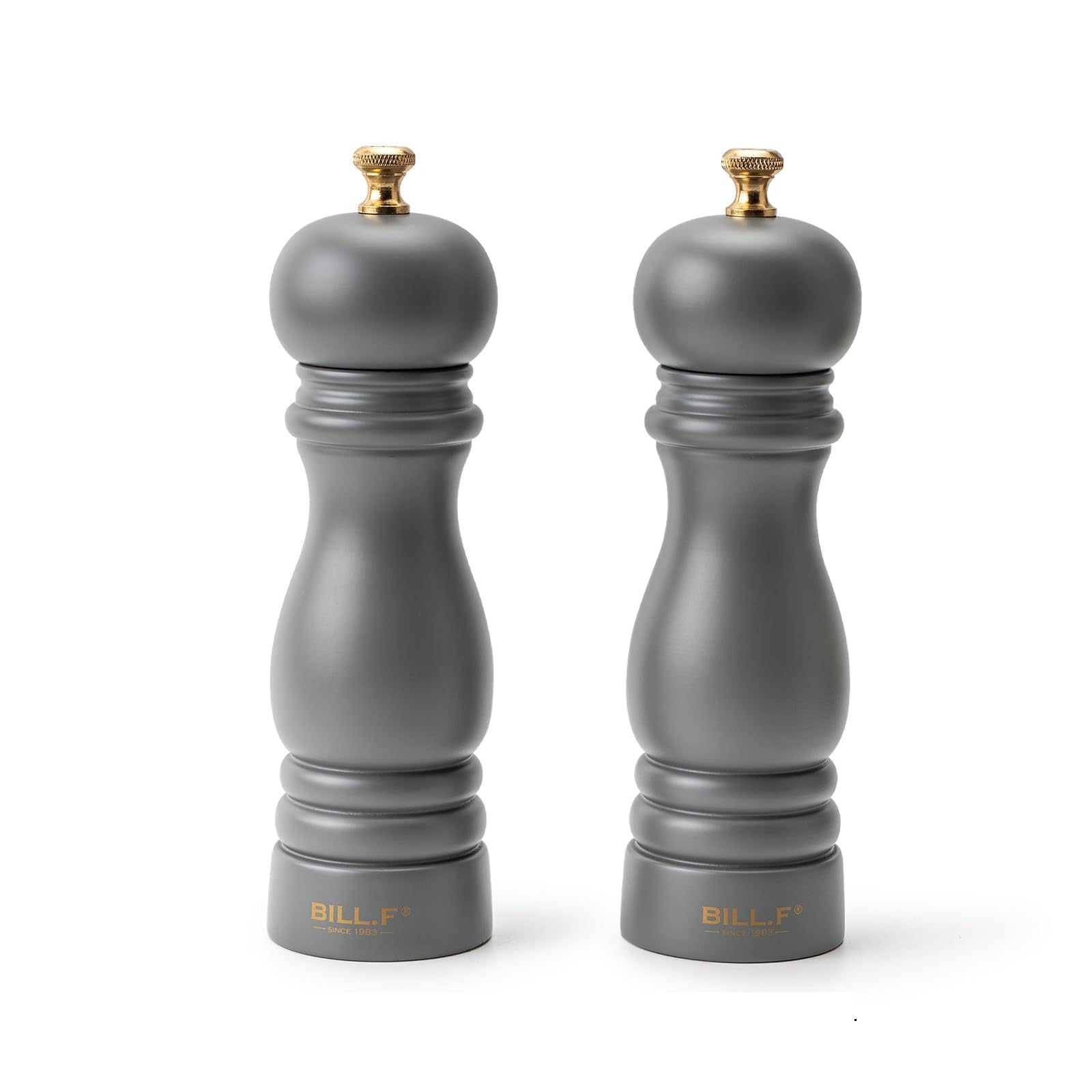 BF BILL.F SINCE 1983 Salt and Pepper Mill Set, Wooden Pepper Mill, Set of 2 Manual Salt Pepper Shaker Mill, Refillable, 7 Inches (Matte Grey Set)