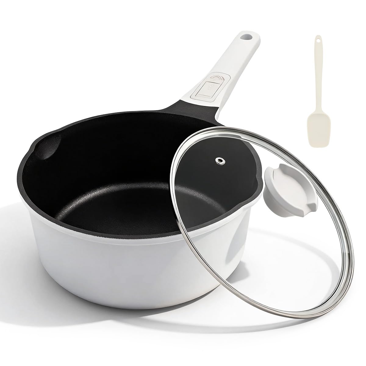 Kasserolle 20cm mit Deckel, 2.5L Antihaft-Stielkasserolle- Weiß-Schwarz