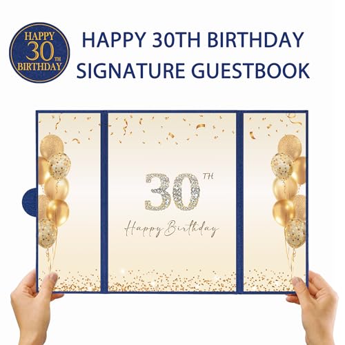 Image of DARUNAXY Blue Gold 30th Birthday Party Decorations, Blue Happy 30th Birthday Alternative Signature Guest Book for Men Women Cheers to 30 Years Old Gifts 30 Birthday Signing Card Board Party Supplies