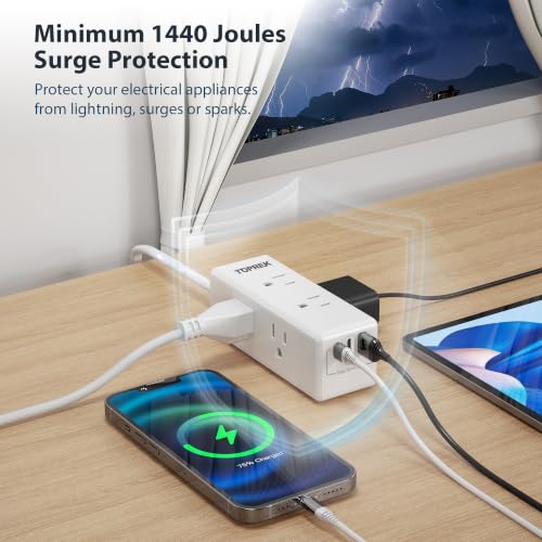 2 Prong Power Strip, TOPREK 2 Prong to 3 Prong Outlet Adapter, 1440J 2 Prong Surge Protector with 6 Outlets & 3 USB, 5FT 2 Prong Extension Cord with Swiveling Flat Plug, Ideal for Non-Grounded Outlet - image 5